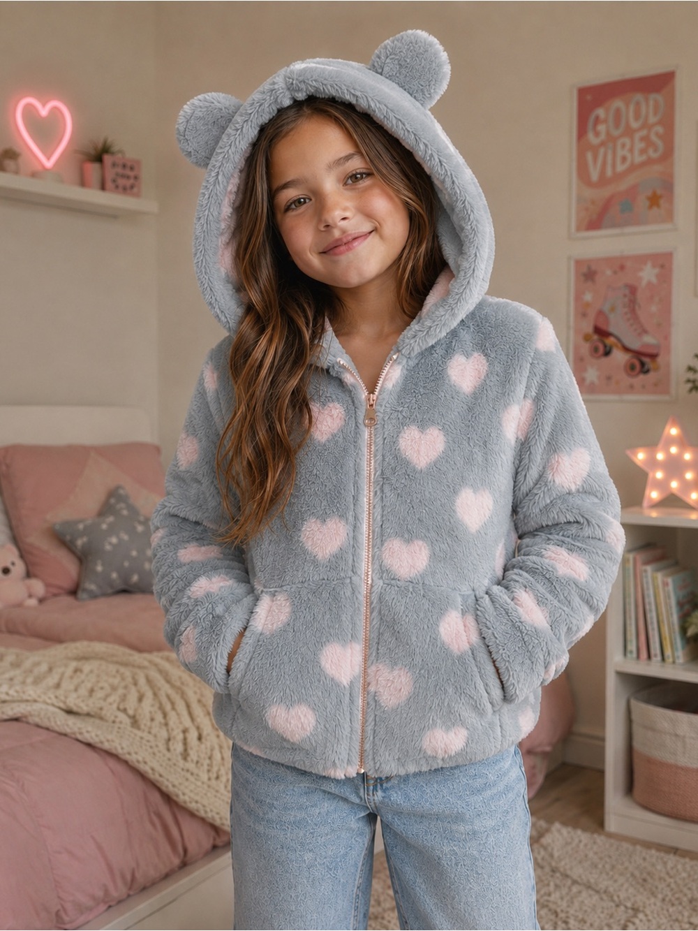 Sweet Stories Girls Size 10 Fuzzy Heart Bear Ear Hoodie Grey Pink Plush Cozy